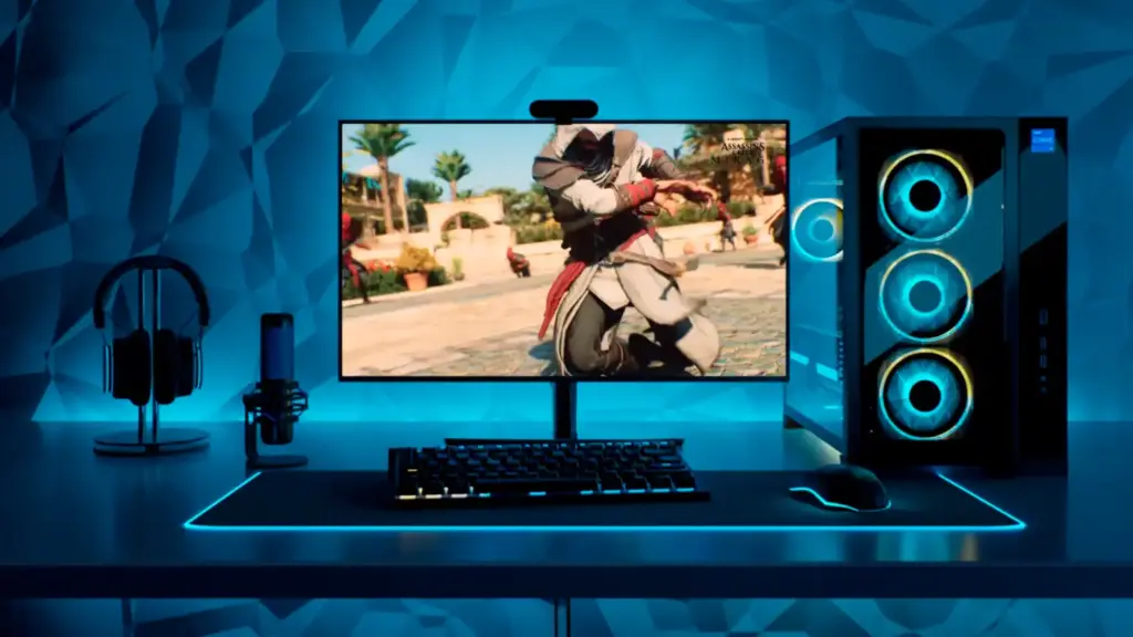custom gaming PC setup including monitors and peripherals