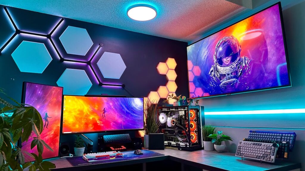 custom gaming PC setup including monitors and peripherals