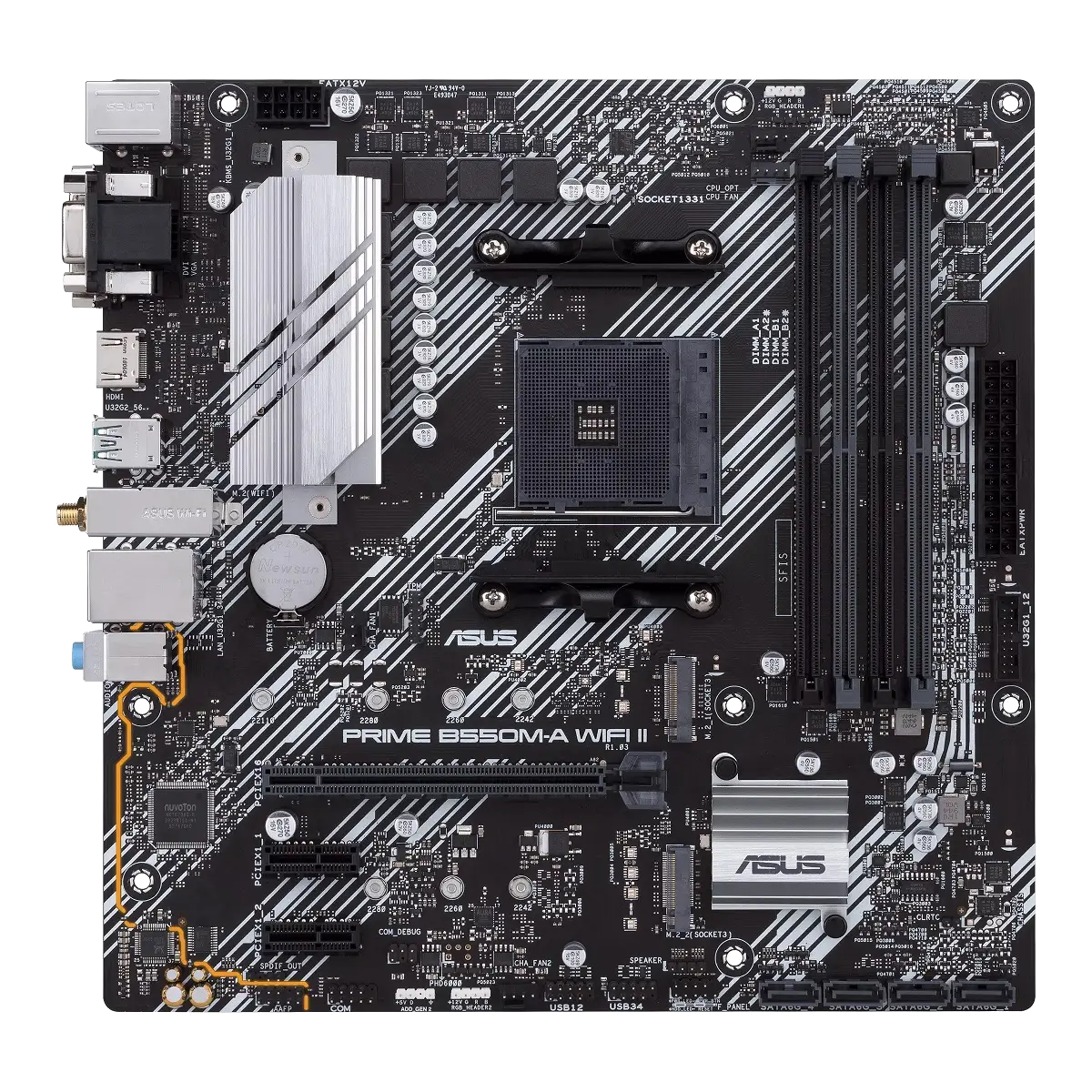 Asus PRIME B550M-A WIFI II Micro-ATX AM4 motherboard with DDR4, PCIe 4.0, dual M.2 slots, and WiFi 6