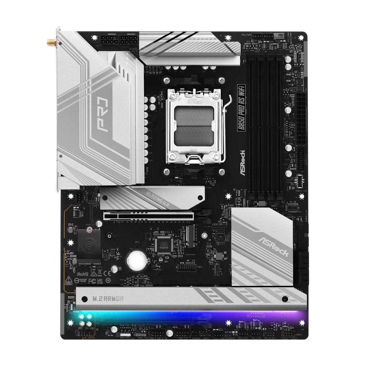 ASRock B850 Pro RS WiFi ATX motherboard with AM5 socket, DDR5, PCIe 5.0, and WiFi 6E