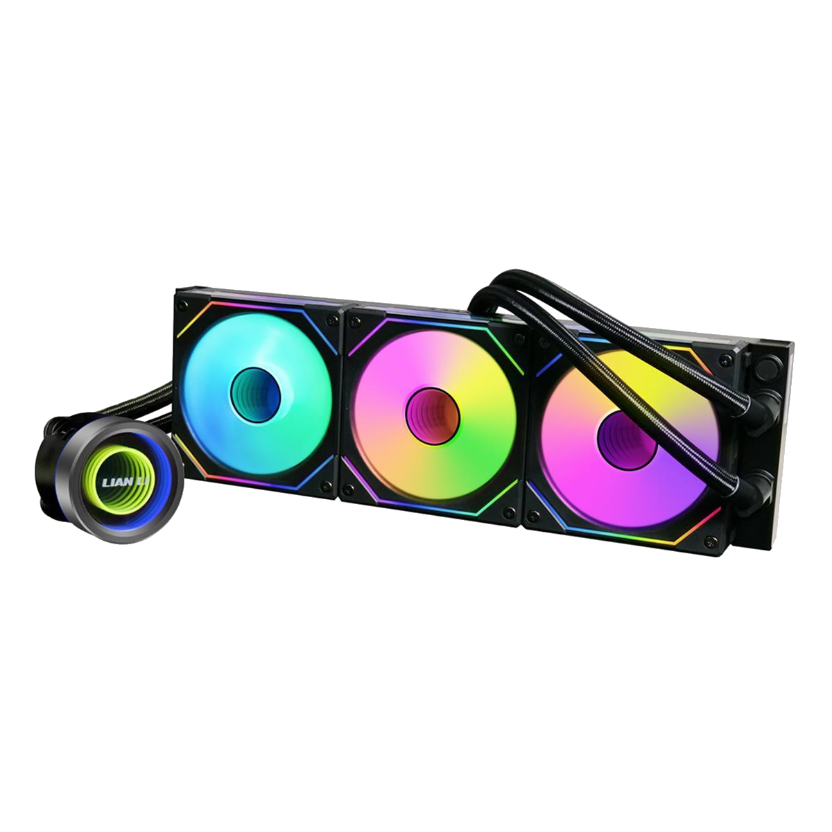 Lian Li Galahad II Trinity SL-INF 360mm AIO liquid cooler with triple Infinity RGB fans and mirror pump design